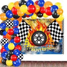 Race Car Birthday Party Decorations Supplies 56 pcs Hot Cars Birthday Backdrop and Racing Red Blue Yellow Black Balloons Garland Arch Kit Checkered Foil Balloons for Boy Kid Cars Party