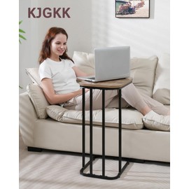 KJGKK C Shaped End Table, 27 Inches High Small Side Table for Sofa and Bed, Couch Table That Slides Under, Tall Tv Tray Table for Living Room, Bedroom, Metal Frame, Greige & Black