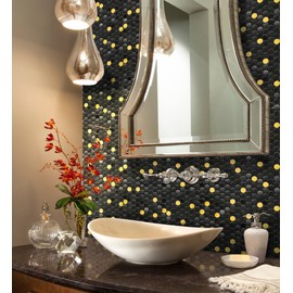 Blujellyfish Black Backsplash Tiles for Kitchen Bathroom Walls Black and Gold Penny Round Mosaic Tiles (Box of 5 Sheets)