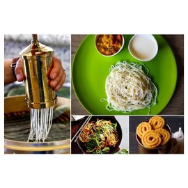 Kreyam's Indian Chakali Maker Sev Sancha Manual Pasta Maker, Snacks Maker | Sevaiya Bhujia Sev Sancha Gathiya Murukulu Janthikulu Maker Machine With 6 Different Jali - Brass Chakli