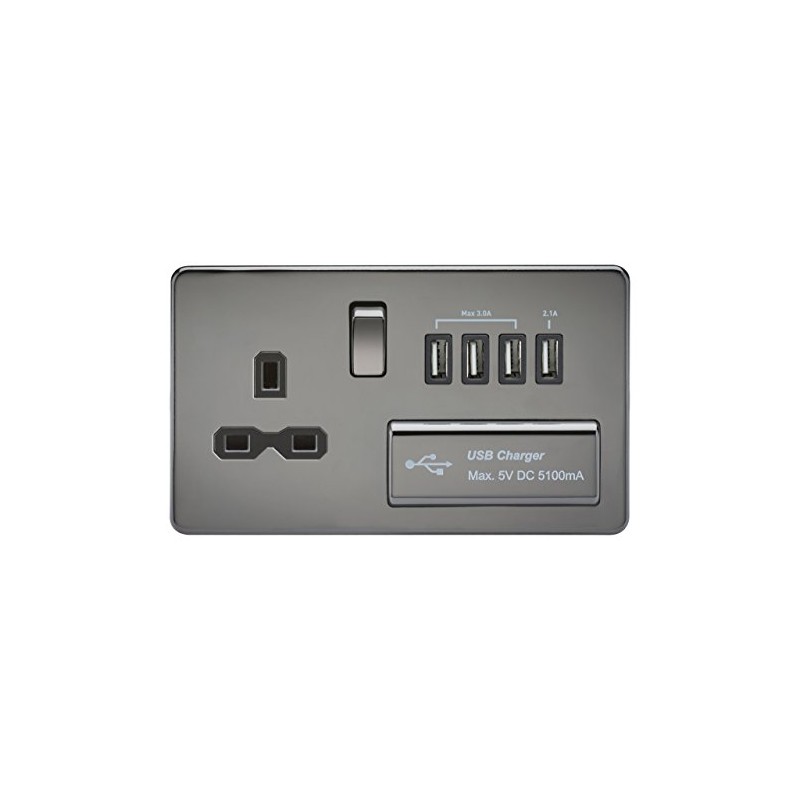 Knightsbridge SFR7USB4BN Screwless 1G 13A Switched Socket with Quad USB