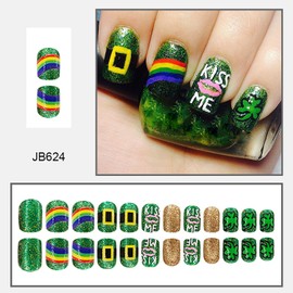 St. Patrick's Day Press on Nails Short Square Shaped Glossy Full Cover Acrylic Short Square False Nails with Clover Designs Artificial Square Fake Nails Glue ons Fingernails for Women Girls(JB624)
