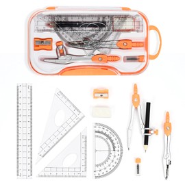 Unjoo Math Geometry Kit Sets 10 Piece Student Supplies with Shatterproof Storage Box,Includes Rulers,Protractor,Compass,Eraser,Pencil Sharpener,Lead Refills,Pencil,for Drafting and Drawings（Orange）