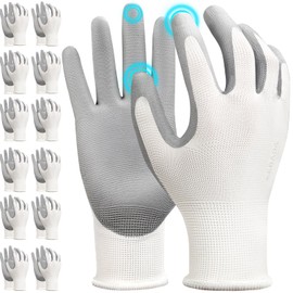 Kebada W1 Work Gloves for Men and Women, 12 Pairs Touchscreen Safety Gloves with Grip, PU-Coated, Ideal for Light & Medium Duty Tasks, White, Small