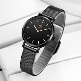 SK Ultra Thin Minialist Women's Watches Simple Two Hands Women's Dress Watch Leather Strap, Black-mesh, ['Minimalist', 'Ultra-Thin']