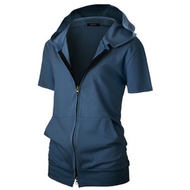 GIVON Short Sleeve Zip Up Hoodies for Women Lightweight Thin Cotton Hooded Sweatshirt with Double Zipper / DCF356-NAVY-S
