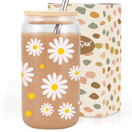 Coolife Daisy Iced Coffee Cup, 16 oz Glass Tumbler w/Straw Lid, Cute Flower Glass Cups w/Lids Straws, Smoothie Glass Cups - Christmas, Birthday Aesthetic Gifts for Friend Mom Sister Daughter Women