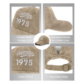 Joligiao 100% Cotton Baseball Cap for Unisex Vintage Summer Lightweight Cap Adjustable Sun Hat 1945/1955/1965/1975/1985/1995 Birthday Gifts for Men/Women(Khaki-50th)