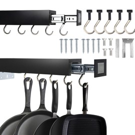 HEVOY Pull Out Pot Racks, Pot and Pan Organizer with Hooks, Kitchen Pots and Pans Rack Pot Hanging Holder Under Cabinet, Aluminum Alloy Sliding Under Storage (Black, 5 Hooks)