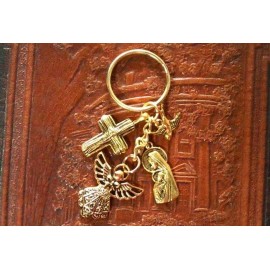 Cross Angel Mary Spirit Dove Antiqued Goldtone Christian Keyring for PRAYERS