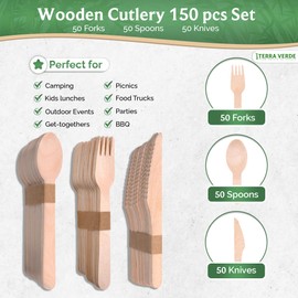 Terra Verde 150 Pack Disposable Wooden Cutlery 50 Spoons 50 Forks 50 Knives Plastic Free Non-Toxc Biodegradable and Eco-Friendly Suitable for Party, Outdoor Catering Events, Weddings, Picnic