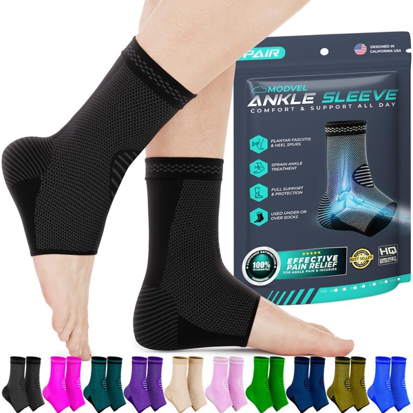 Modvel Ankle Brace for Women & Men - 1 Pair of Ankle, Arch Support Sleeve, Ankle Wrap - Compression Socks Ankle Brace for Sprained Ankle, Achilles Tendonitis, Plantar Fasciitis Relief, Injured Foot