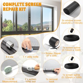 Maasechs 18 Pcs 48"x118" Window Screen Repair Kit Included 2 Rolls Fiberglass Mesh 4"x30ft Screen Repair Tape 8 Clips with Spline, Double Wheel Roller, Hook, Measuring Tape, and Cutter for Door Window