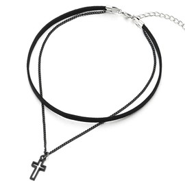 COOLSTEELANDBEYOND Ladies Womens Two-Rows Black Choker Necklace with Black Chain and Cross Charm Pendant