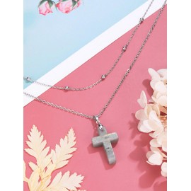 Jovivi Labradorite Crystal Cross Necklace for Women Natural Healing Crystal Stone Cross Gemstone Pendant Necklace with Adjustable 18" Stainless Steel Layered Chain