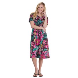 LA CERA Cotton Knit Dress - Short Sleeve in Fruity Floral (Black/Fuchsia/Green, Large)