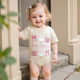 Summer Clothes Newborn Baby Girl Short Sleeve Bubble Romper Bow Goose Printed Bodysuit Top (Beige, 0-3 Months)
