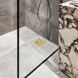 Heaorld Square Shower Drain 6 Inch with Flange, Brushed Gold Tile Shower Floor Drain Kit 304 Stainless Steel, Removable Grid Grate and Hair Catcher