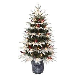 4.5 ft Pre-lit Potted Flocked Halifax Fir Tree, 739 Tips, 70 UL Clear Incandescent Lights, Pine Cones & Red Berries