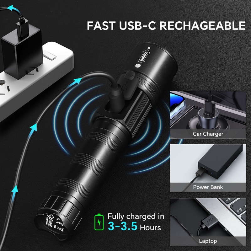 3Pack Rechargeable Flashlights 10000 High Lumens, Super Bright Flashlight with