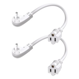 1Ft Flat Plug Short Extension Cord, 90 Degree Plug Adapter, White Low Profile 3 Prong Small Grounded Cords 14 AWG 15A 1875W 2 Pack