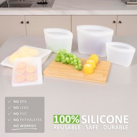 Reusable Food Storage Bags, 100% Silicone Food Storage Bags, Meal Prep Container, Stand Up Zip Silicone Bags for Food Container, Freezer Microwave Oven Dishwasher Safe, 3 Pack Stand-up & 2 Pack Flat