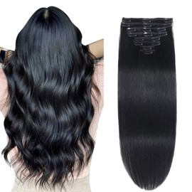 Clip in Hair Extensions Real Human Hair, Seamless Clip ins Real Human Hair for Women, Remy Human Hair Clip in Extensions, Double Weft 8pcs 14 inch Jet Black