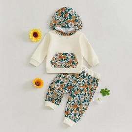 Toddler Infant Baby Girl Fall Winter Outfit 0-3 Years Long Sleeve Floral Print Hooded Sweatshirt Pullover and Elastic Waist Pants 2Pcs Tracksuit Set Clothes for Little Girls (Beige, 12-18 Months)