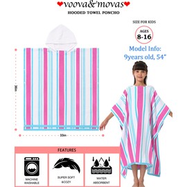 VOOVA & MOVAS Hooded Bath Towels for Big Kids (8-16Years), 100% Cotton Absorbent Thick Poncho Towel for Teens, Perfect for Pool, Beach, Bath, Pink Blue White Stripe