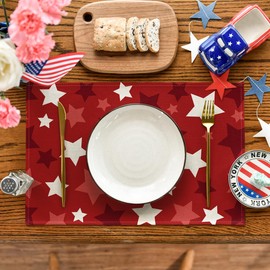 Artoid Mode Red Stars Patriotic 4th of July Placemats Set of 4, 12x18 Inch Memorial Day Table Mats for Party Kitchen Dining Decoration