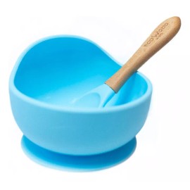 EcoWood Tazón Para Bebé De Silicona Ecowood Con Cuchara De Bambú Color Azul Bowl Silicona