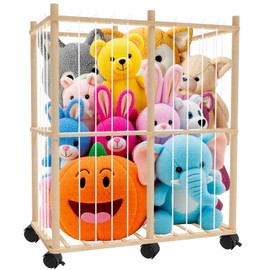 JinhzWin Stuffed Animal Storage Organizer, 36''H x 32''L x 16''W Large Wooden Toy Zoo Storage Organizer with Elastic Ropes, Space Saving Stuffed Animal Holder for Playroom Bedroom Living Room