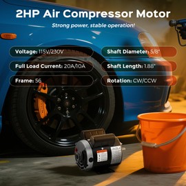 Bonvoisin 2HP Air Compressor Motor 56 Frame 3450RPM Single Phase Electric Motor, 5/8" Keyed Shaft, 1.88" Shaft Length, CCW/CW Rotation, 115/230V, 20/10 Amps