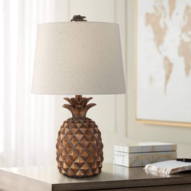 Regency Hill Paget Coastal Tropical Style Accent Table Lamp 23.75" High Pineapple Brown Oatmeal Fabric Tapered Drum Shade Decor for Living Room Bedroom Beach House Bedside Nightstand Home