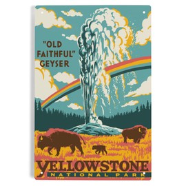 Lantern Press 6x9 Inch Metal Sign, Yellowstone National Park, Wyoming, Explorer Series, Old Faithful Geyser