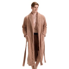 PJGGZ Men's Shawl Collar Bathrobe, Soft Long Towel Robe for Men - Super Absorbent Quick Dry yet Warm, Khaki, Small-Medium