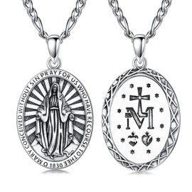 Cargari Virgin Mary Necklace Medal, 925 Sterling Silver Oval Saint Mother Mary Pendant Necklace, Miraculous Medal Religious Amulet, Spiritual Healing Protection Catholic Jewelry Gift for Men Women