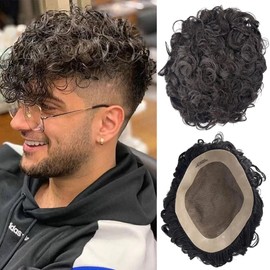 Ehairc Toupee for Men Mono Lace with PU Around Kinky Curly Human Hair System Mens Wig Male Hair Replacement Mens Toupee (20mm 1B（Natural Black）,5 * 7")