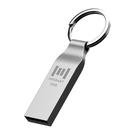 MOSDART - Unidad flash USB 2.0 de 32 GB, resistente al agua, memoria de metal FAT32 con llavero, para respaldo del sistema, almacenamiento de datos, color plateado