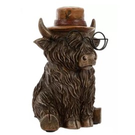 Hobby Lobby Highland Cow Figurine with Glasses and Hat, Rustic Farmhouse Decor, Brown Resin, 5.44 x 3.25 x 3 inches