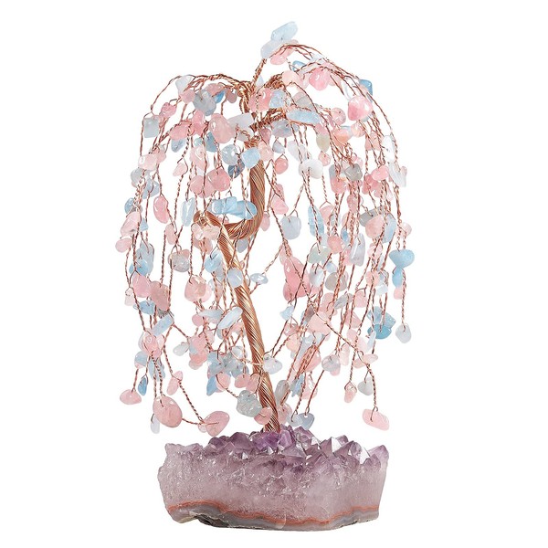 SUNYIK Rose Quartz and Aquamarine Healing Crystal Money Tree Set on Amethyst Cluster Base Feng Shui Ornament Home Decoration for Wealth and Luck