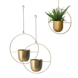 LIKEUDO Pack of 2 Gold Metal Ceiling Hanging Flower Pot Hanging Basket Succulent Plants Hanging Flower Pot Decorative Flower Pot Hanging Planters Pot Wall Decoration Flower Pot (Round)
