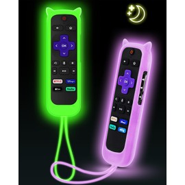 2Pack ONEBOM Cover for Roku Remote with Cat Ears Design, Silicone Skin Case Compatible with Hisense/TCL Roku TV, Steaming Stick/Express, Universal Replacement Controller. Glow in the Dark,Green/Purple