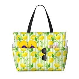 Women's Large Beach Bag Tropical Lemon Stripe Pattern Waterproof Travel Tote Bag Lightweight Summer Weekender Bags for Pool Vacation