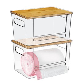 Trash Bag Dispenser 2 Pack, Acrylic Garbage Bags Dispenser with Bamboo Top, Extra Large Trash Bag Holder Dispensers Under Sink for Kitchen, Cabinet, Laundry Room, Pantry Organizer and Storage