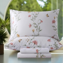 Zusbest Off White Floral Sheets King Size 100% Cotton Yellow Pink Vintage Flower Bed Sheet Set Green Leaves Butterfly Print French Country Percale Sheets Soft Deep Pocket Fitted Sheet 17.5'', 4 Pcs