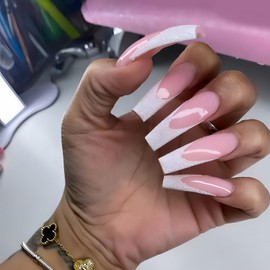 White French Tip Long Square Press on Nails Curved Nail Tips White Fake Nails Unique False Nails with Glitter Designs Elegant Stick on Nail Glossy Glue on Nail for Women Girls 24Pcs