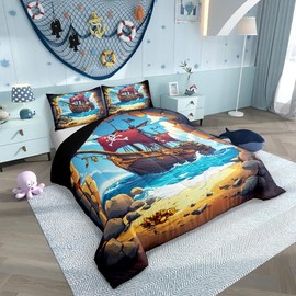 Castle Fairy Pirate Boat Comforter Set Twin Size for Kids Boys Girls Navigation Treasure Adventure Bedding Sets All Season Gothic Sugar Skull Quilt Set Bedroom Decor Nautical Down Comforter,2Pcs