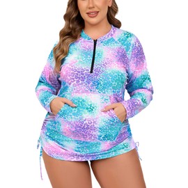Halcurt Women's Plus Size Long Sleeve Front Half Zip Rash Guard with Pocket Side Drawstring UPF50+ Sun Protection Swimsuit Top Colorful 3X