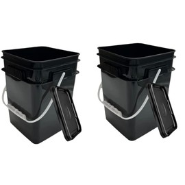 House Naturals 4 Gallon Square Food Grade Plastic Bucket with Lid, Made in USA (Pack of 2) BPA Free (Black)
